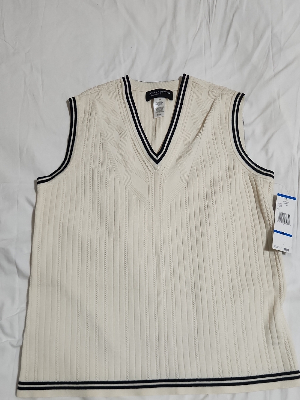 Jones New York Cream V-Neck Cable Knit Sweater Vest with Navy Trim